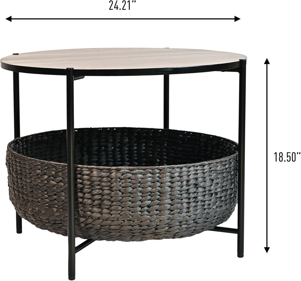 happimess SAT2000B Carly 24.21" Modern Coastal Round Acacia Wood/Water Hyacinth Coffee Table with Storage Basket, Table for Living Room and Bedroom, Black