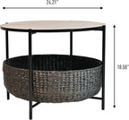happimess SAT2000B Carly 24.21" Modern Coastal Round Acacia Wood/Water Hyacinth Coffee Table with Storage Basket, Table for Living Room and Bedroom, Black