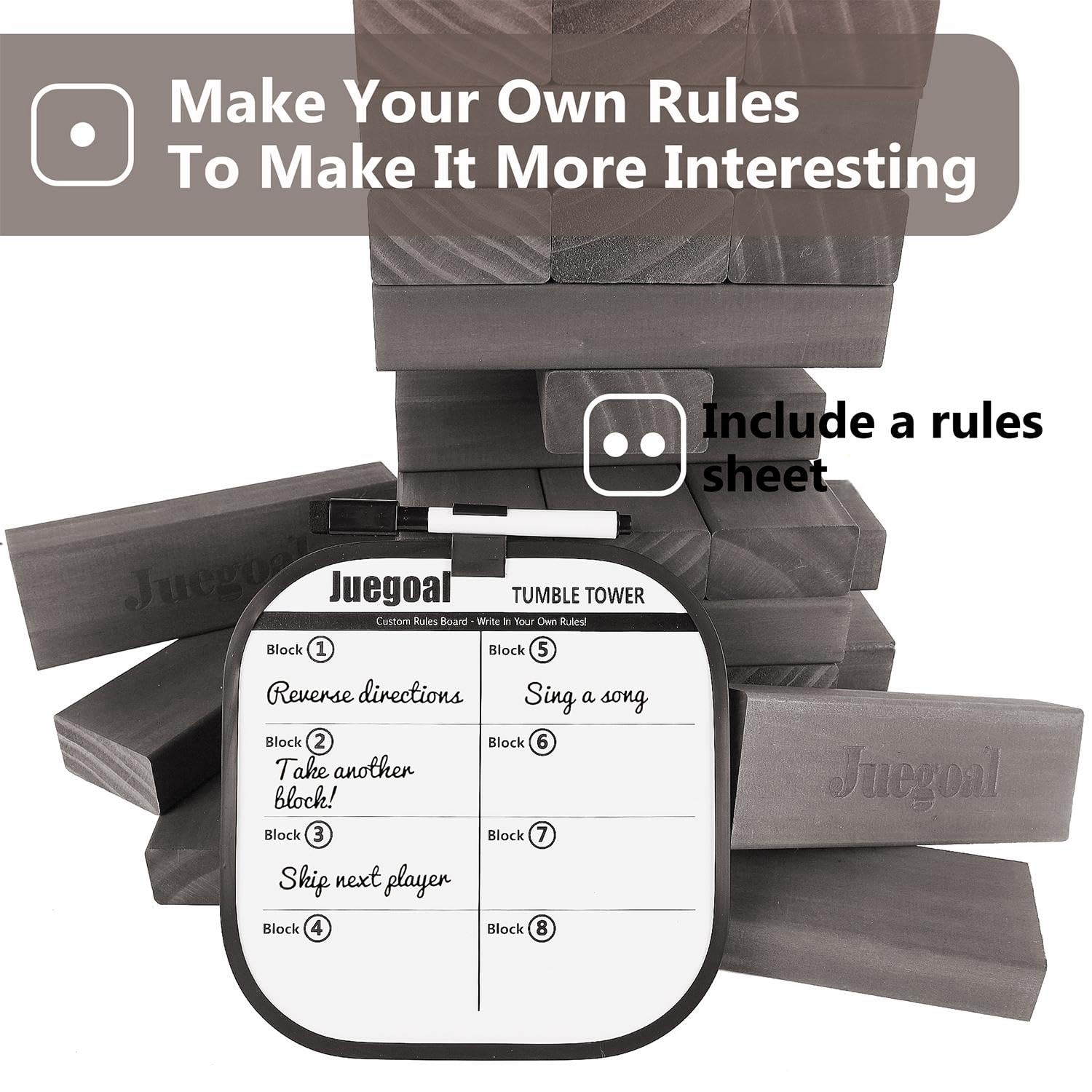 Juegoal 54 Piece Giant Tumble Tower Grey for Adult Kids Family, Wooden Block Stacking Game with Gameboard & Canvas Bag, Outdoor Games for Backyard Lawn Party Playing, 6.9 x 6.9 x 24 Inches,X-Large