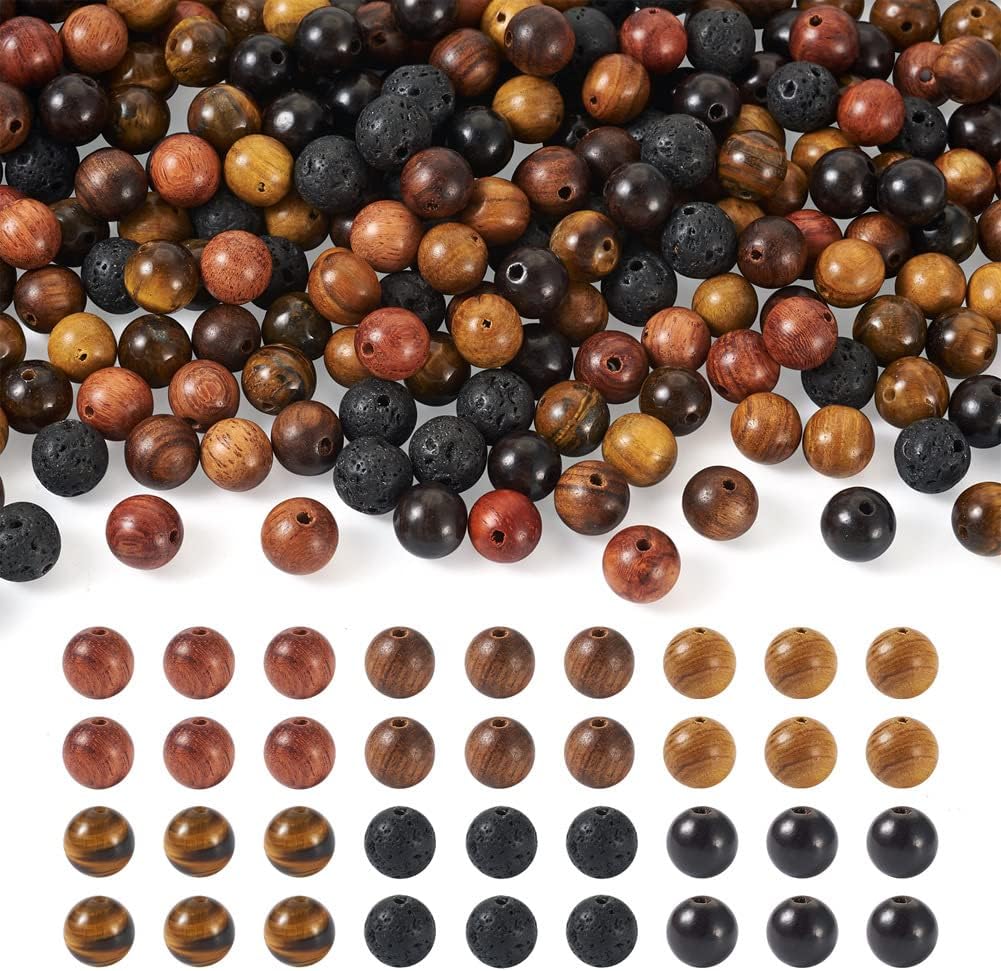 KISSITTY 300Pcs 6 Style Natural Wood Round Gemstone Beads Kit for Easter 8mm Lava Rock Beads & Grade AB Tiger Eye Wood Beads Natural Polished Wooden Ball Loose Beads for Men Bracelet Jewelry Making