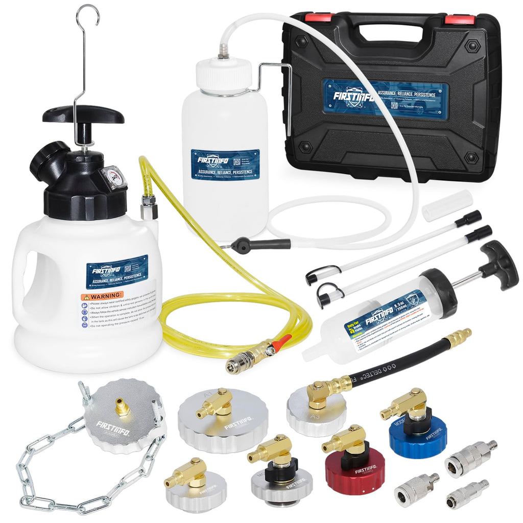 FIRSTINFO A1163HK3 3L Manual Pressure Brake Fluid Bleeder Kit w/ 11 Pcs Metal Master Cylinder Reservoir Adapters + Fluid Receiver Bottle, Extractor Pump, 3 Types of Couplers
