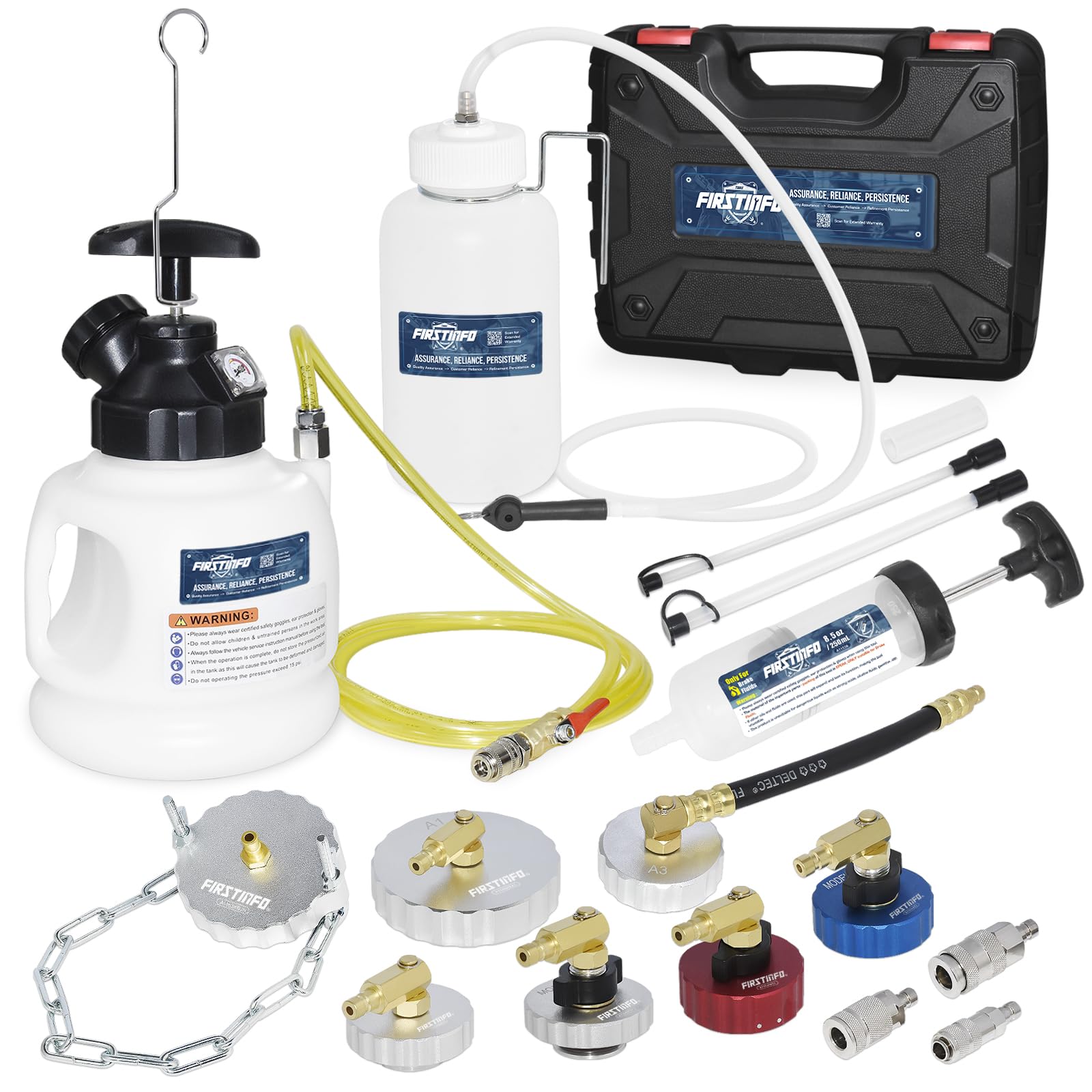 FIRSTINFO A1163HK3 3L Manual Pressure Brake Fluid Bleeder Kit w/ 11 Pcs Metal Master Cylinder Reservoir Adapters + Fluid Receiver Bottle, Extractor Pump, 3 Types of Couplers