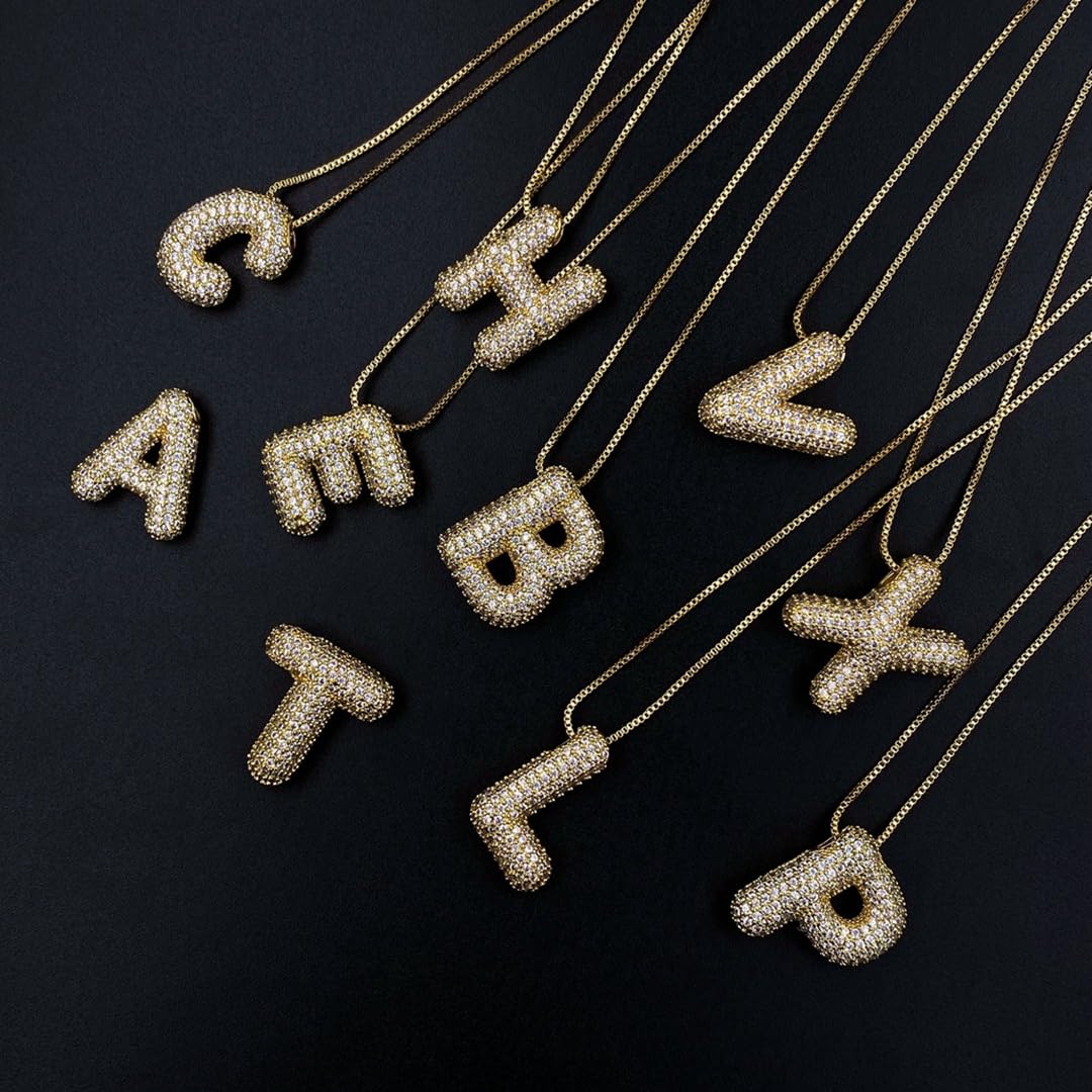 DIOWUS Bubble Letter Halskette Gold für Frauen, Charm Ballon Anfangsbuchstabe Anhänger mit Zirkonia besetzte Halsketten Modegeschenke Schmuck (Bubble Letter-A)