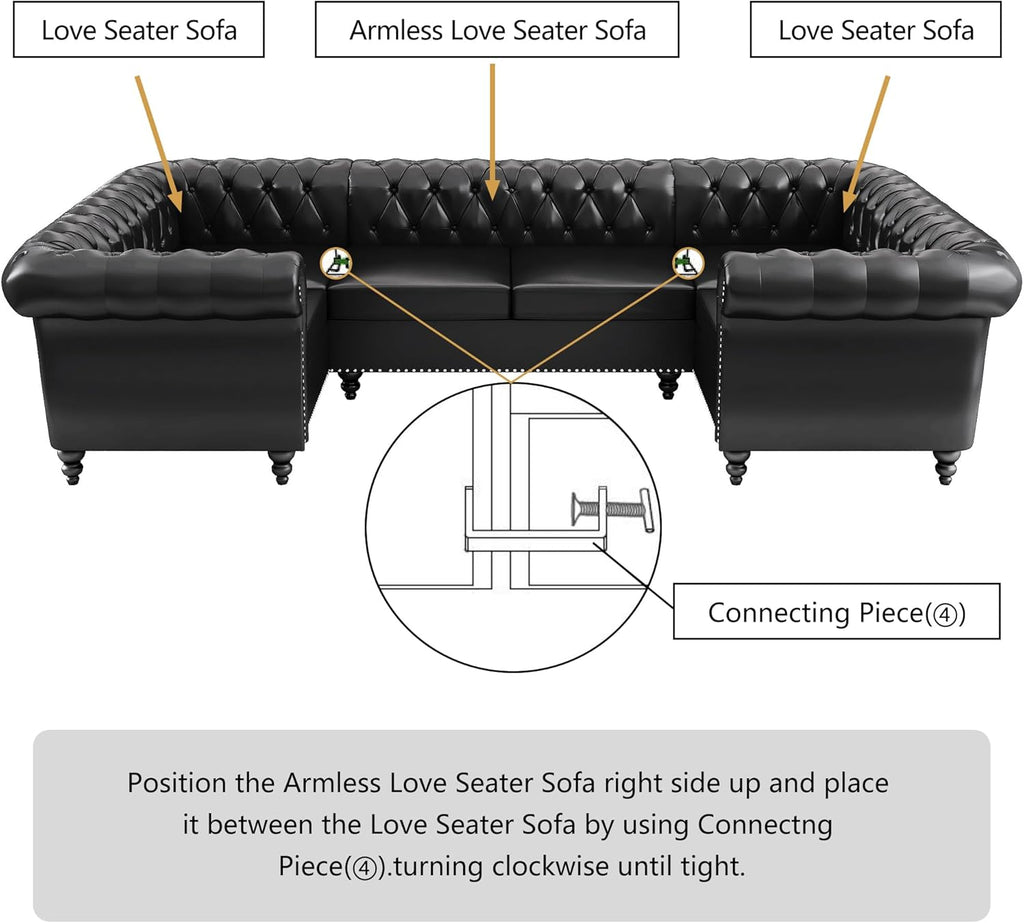 AVZEAR 3 Pieces Sectional U-Shaped Sofa, Leather Modular Sectional Couches Chesterfield Sofa Set, Modern Living Room Furniture Sets Upholstered Couch Set for Living Room, Office and Apartment, Black