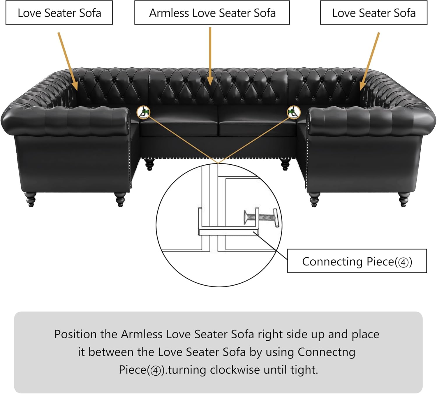 AVZEAR 3 Pieces Sectional U-Shaped Sofa, Leather Modular Sectional Couches Chesterfield Sofa Set, Modern Living Room Furniture Sets Upholstered Couch Set for Living Room, Office and Apartment, Black