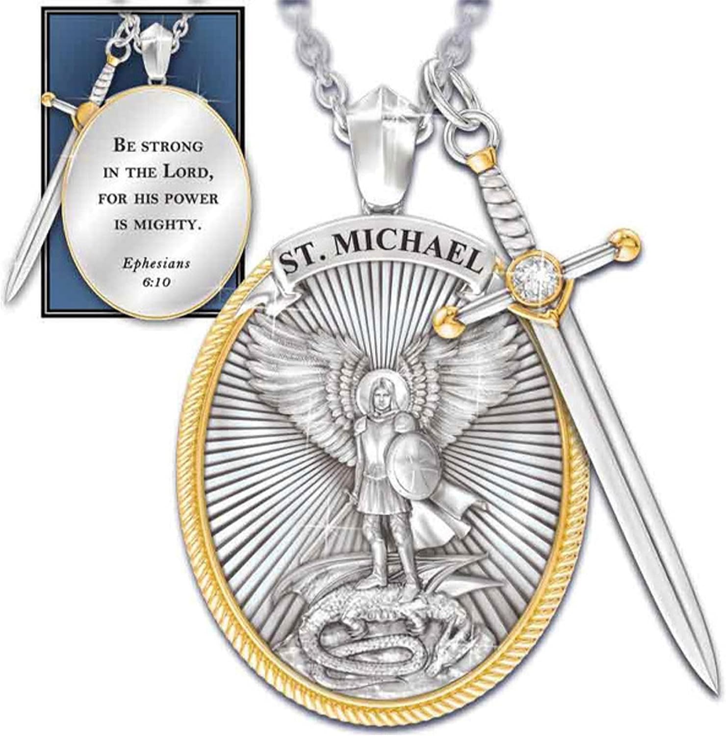 Archangel St. Michael Catholic Patron Steel Viking Pendant Necklace Jewelry Divine Sword Senhield Protection Gift for Men and Women-1PC-Anvirtue