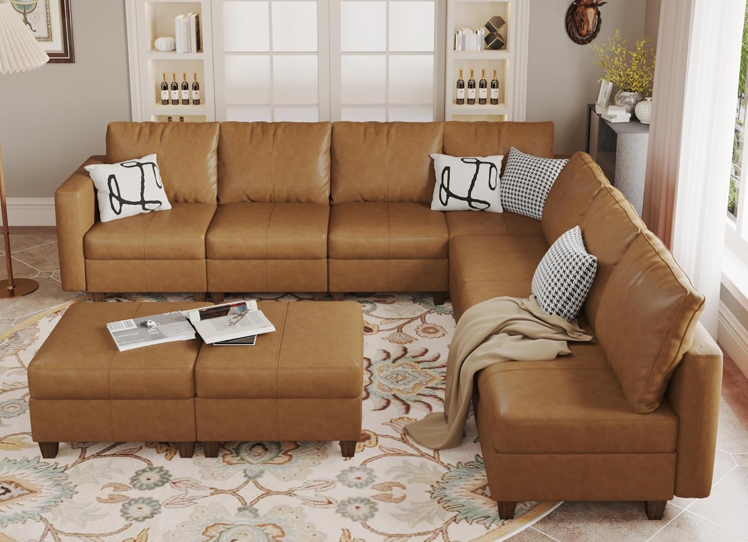 EASE MOOSE Brown Modular Sectional Couch with Storage, Faux Leather Sectional Modular Sofa or Living Room