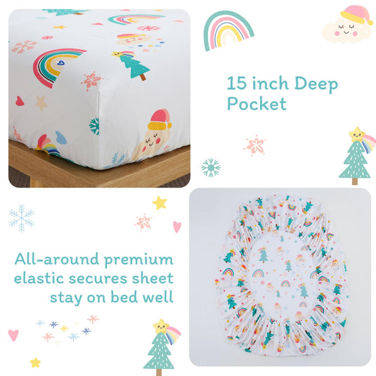 JSD Pink Unicorn Kids Sheet Set Twin Size, 3 Piece Girls Rainbow Printed Microfiber Bed Sheets Deep Pocket