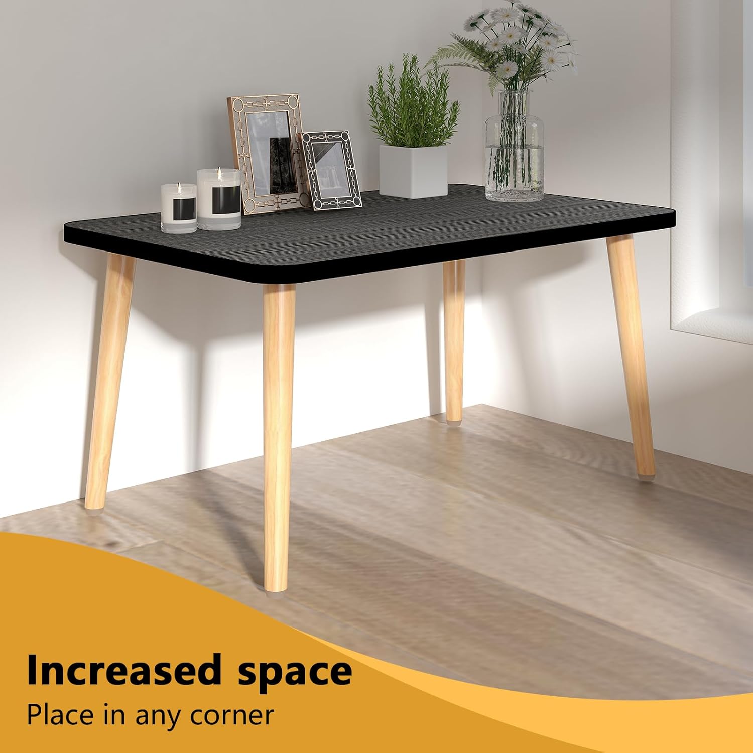 Square Coffee Table Low Table with 4 Solid Wood Sturdy Legs, Floor Table Desk for Sitting on The Floor, Storage and Living Room Furniture (Black)