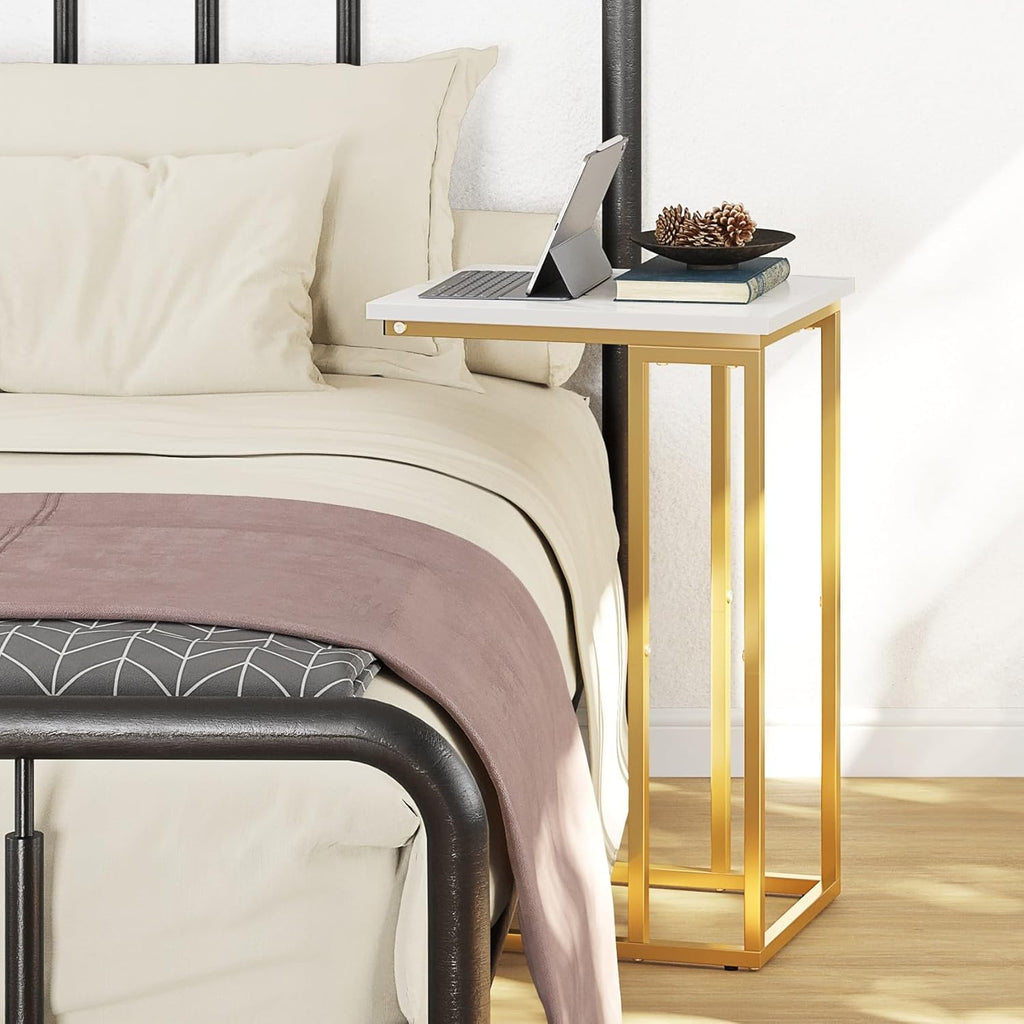Function Home C Shaped End Table, Small Side Tables for Sofa Bed, Couch Tables That Slide Under, Drink Snack Table for Living Room Bedroom Small Space, White Wood Top and Gold Metal Frame