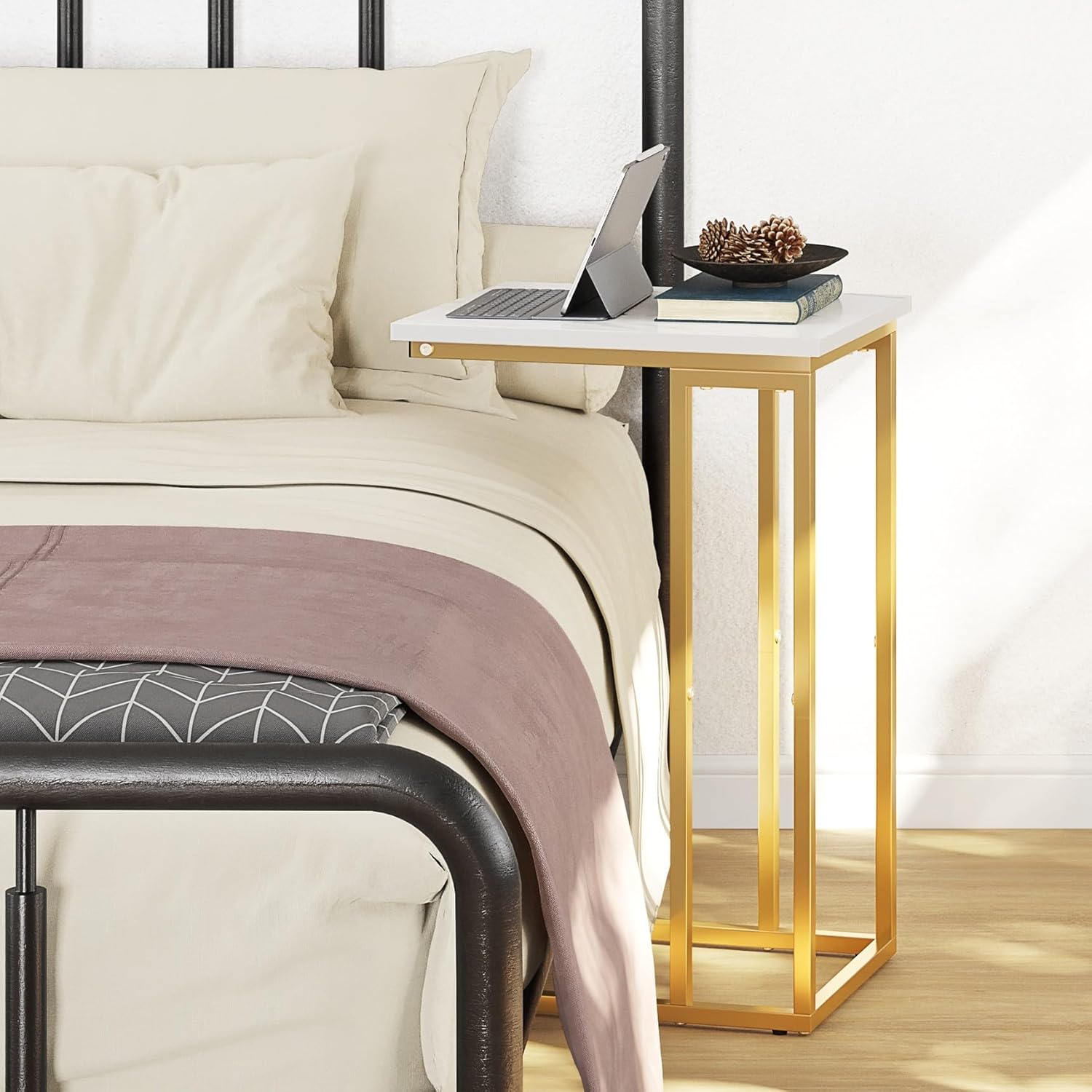 Function Home C Shaped End Table, Small Side Tables for Sofa Bed, Couch Tables That Slide Under, Drink Snack Table for Living Room Bedroom Small Space, White Wood Top and Gold Metal Frame