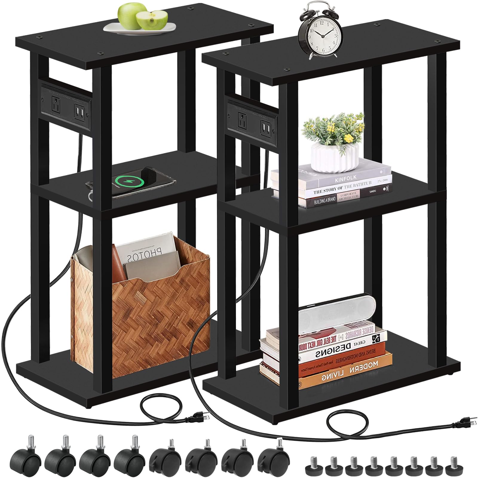 TUTOTAK Small Narrow Side Table with Charging Station, Skinny End Table for Small Spaces, Slim Nightstand with USB Ports and Outlet, Sofa Beside Table with Wheels, Brown TB01BB046