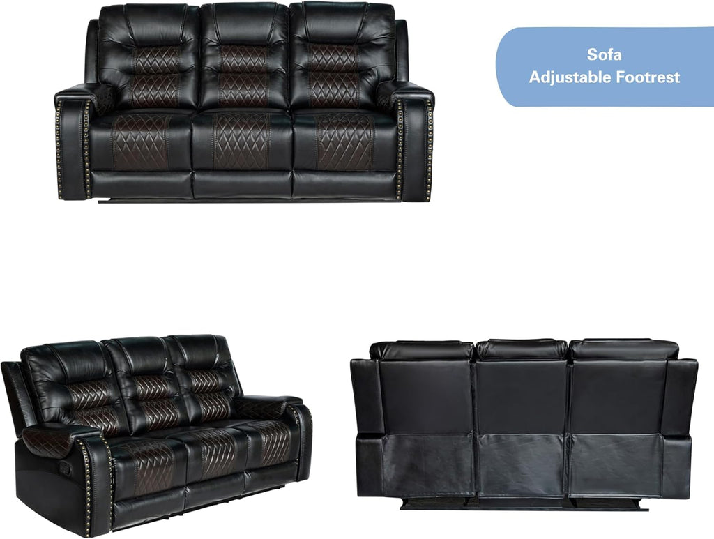 PU Leather Sofa Set, 3 Pieces Living Room Set with Cup Holders, Manual Recliner Sofa &Loveseat & Chair, Black
