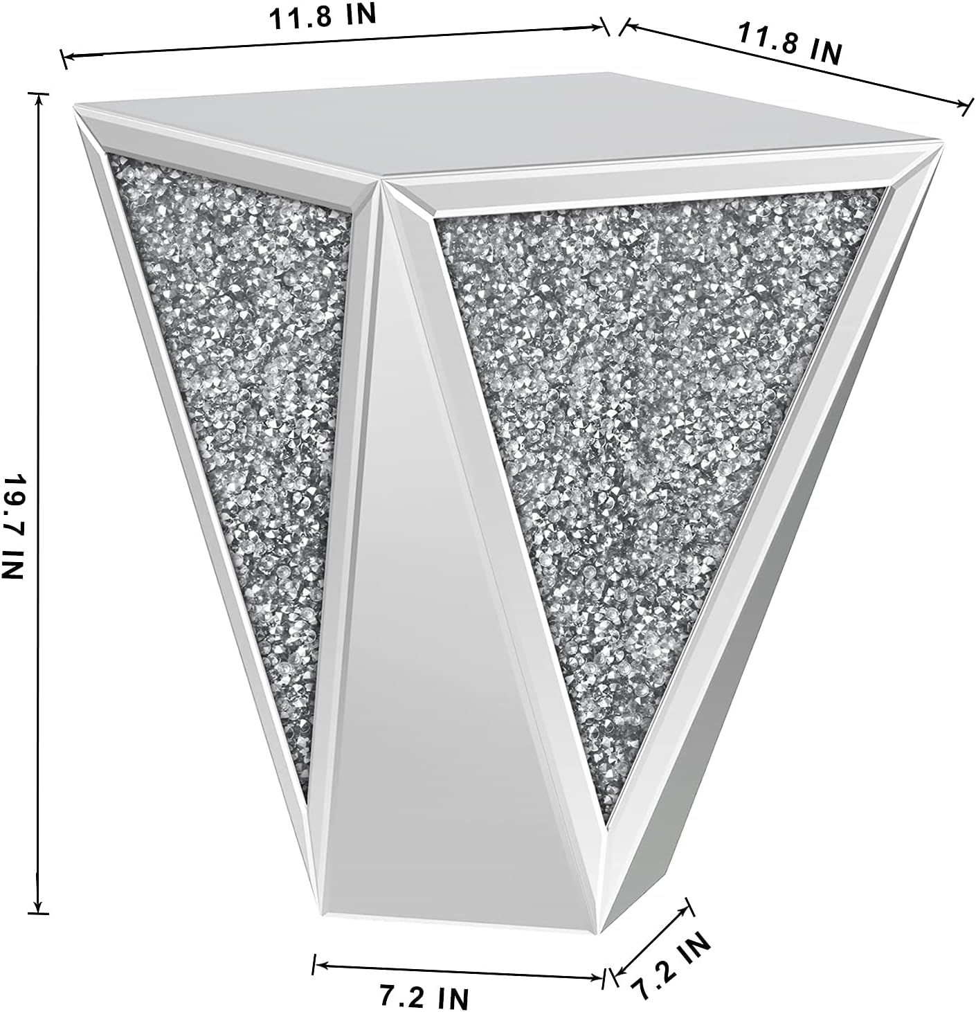 ENENE Mirrored End Table Crystal Diamond Setting Coffee Table Silver Glass Side Table Pedestal Stand for Hallway, Living Room, Corner, Bedroom, Sofa