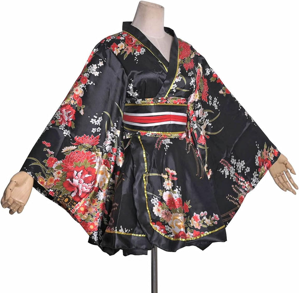 HUAHUA Women's Sexy Short Kimono Dress Floral Print Japanese Traditional Geisha Robe Bathrobe Skirt Belt Outfit