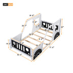 Twin Size Kids Bed, Classic Car-Shaped Platform Bed with Wheels, Wood Twin Montessori Floor Bed for Kids Boy Girls, Lightning McQueen Bed (White+Black)
