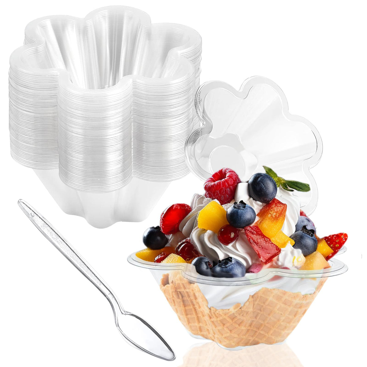 Legredic 50 Stück 8oz Plastik-Dessertbecher mit Löffeln, klare, blumenförmige Eisschalen, Party-Sundae-Servierschalen, Parfait-Vorspeisenbecher für Eis, Nüsse und Salat