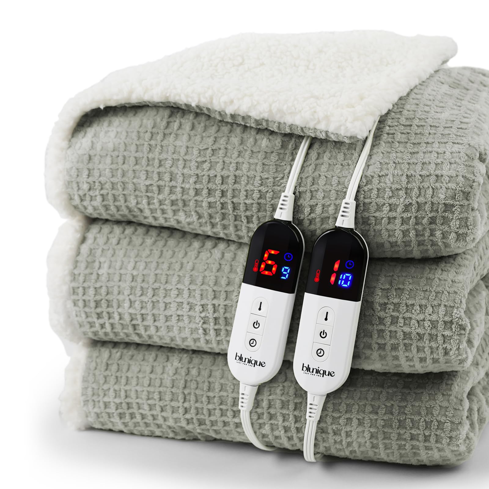 Heated Blanket Electric Throw Waffle, 50x60 Inches Sherpa Fleece Fast Heating Blanket 6 Heating Levels & 4 Hours Auto Off ETL Certification, Sage Green Throw