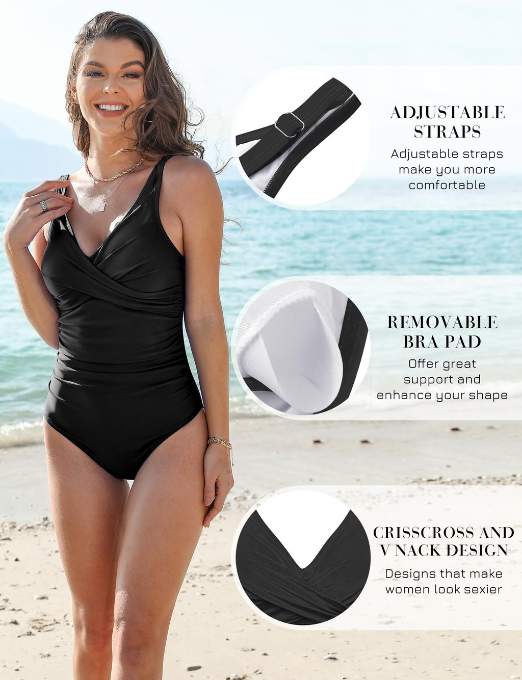 Women's One Piece Swimsuits Tummy Control Bathing Suits for Womens V Neck Criss Cross Ruched Push Up Black XL