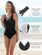 Women's One Piece Swimsuits Tummy Control Bathing Suits for Womens V Neck Criss Cross Ruched Push Up Black XL