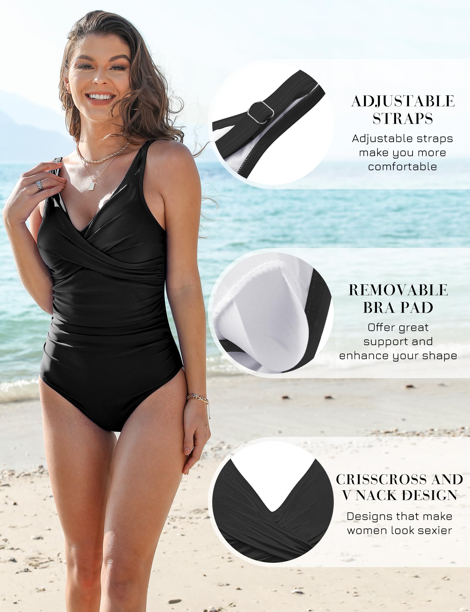 Women's One Piece Swimsuits Tummy Control Bathing Suits for Womens V Neck Criss Cross Ruched Push Up Black XL