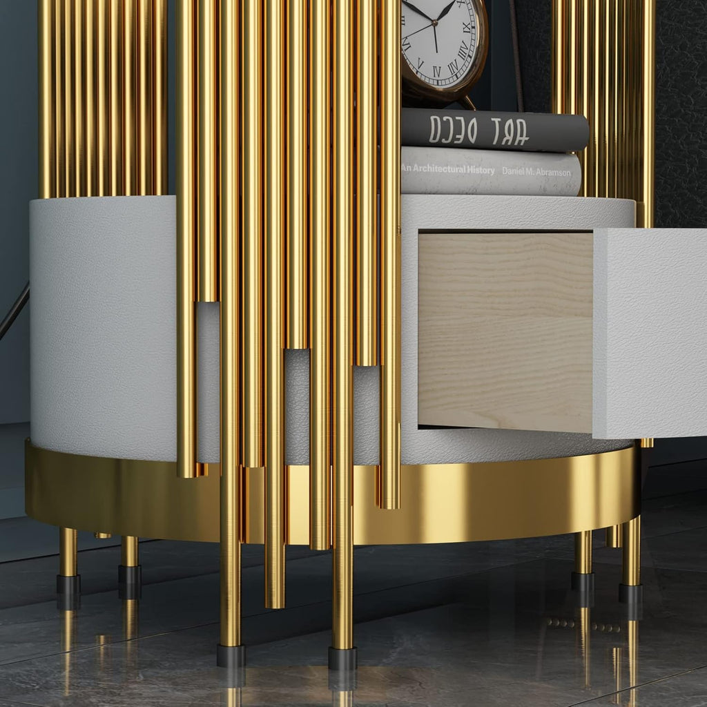 Gold Led Smart Round Nightstand with Drawer,Sofa Narrow End Table with Wireless Charging Station,Small Spaces Coffee Table/Bedside Table/Unique Accent Side Table