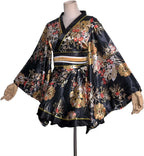 Womens Sexy Short Kimono Dress Floral Print Japanese Traditional Geisha Yukata Robe Bathrobe Skirt Belt Outfit (D05-Black, One Size)