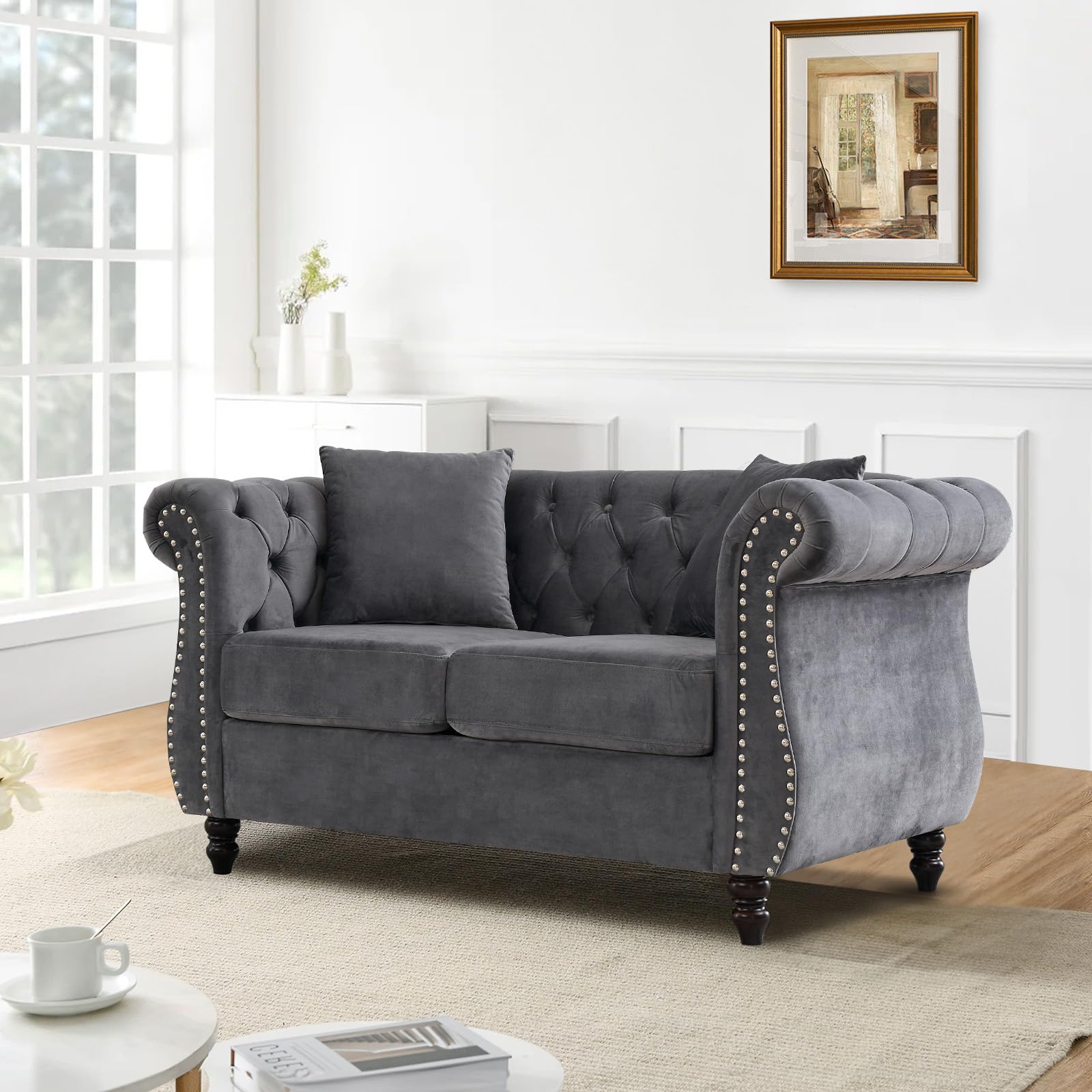 Chesterfield Sofa Couch,80" Button Tufted Velvet Sofa with Rolled Arms&Nailhead Trim,Comfy 3 Seater Sofa,Oversize Mid Century Modern Couch for Living Room,Bedroom,Apartment,Office(Black)