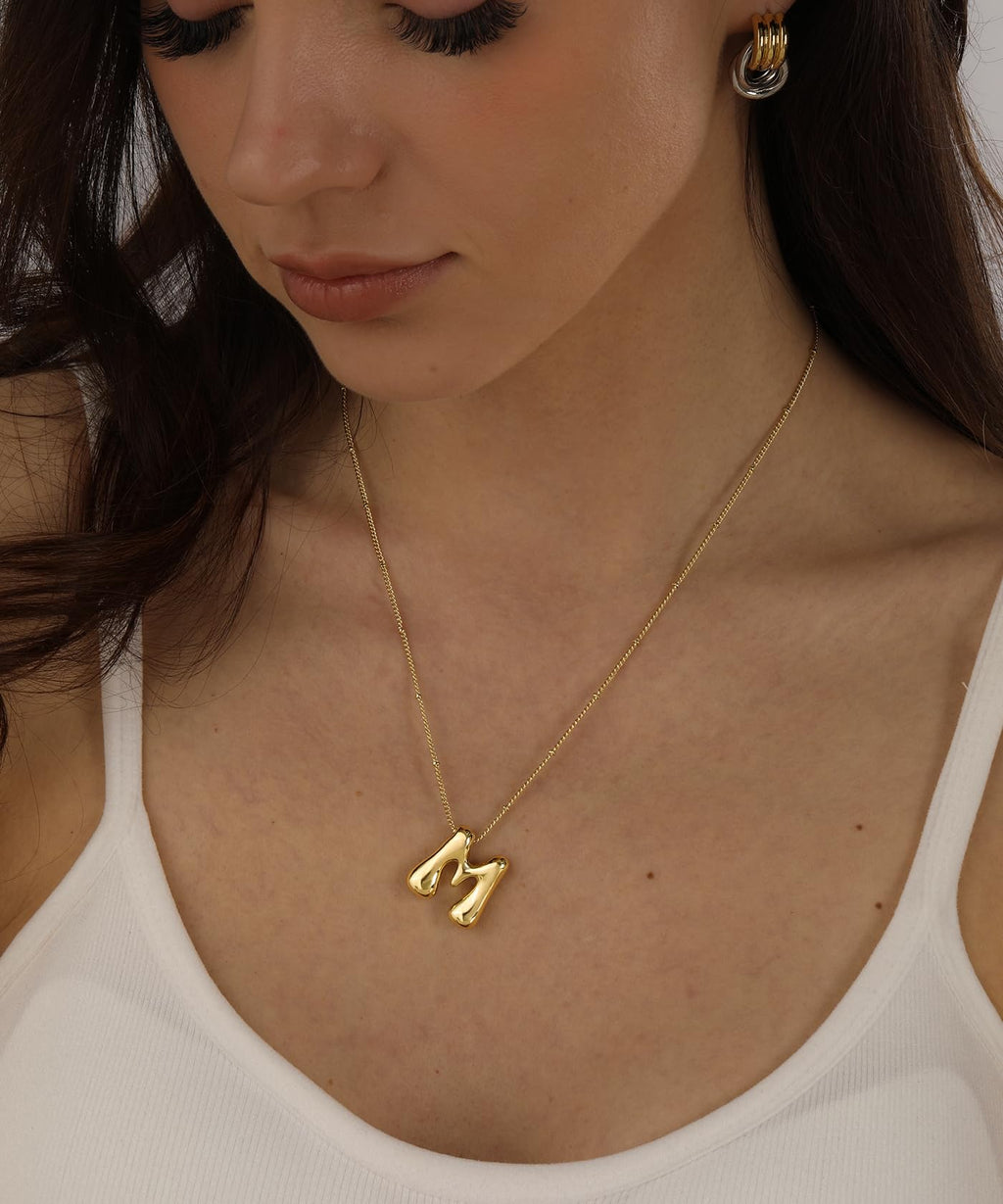Bheop Gold Bubble Letter Necklace for Women Dainty 14K Gold Plated Balloon Initial Necklaces for Women Trendy Cute Chunky Charm Name Pendant M Necklace Fashion Jewelry Gifts