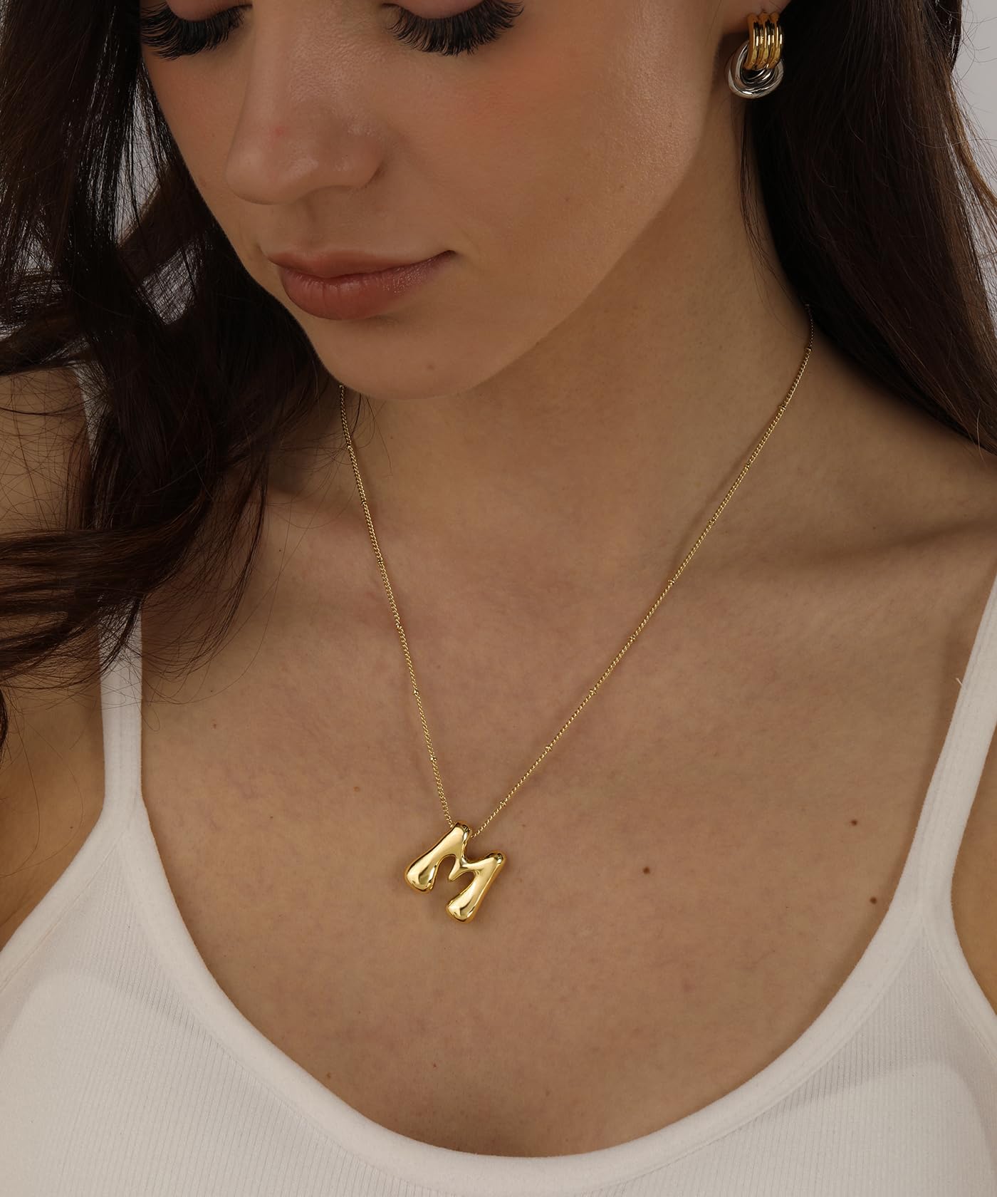 Bheop Gold Bubble Letter Necklace for Women Dainty 14K Gold Plated Balloon Initial Necklaces for Women Trendy Cute Chunky Charm Name Pendant M Necklace Fashion Jewelry Gifts