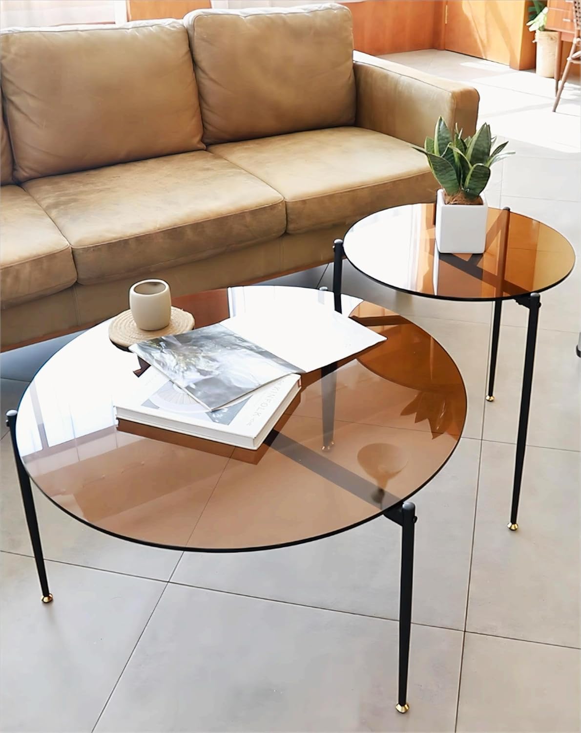 Round Tempered Glass Table 31.5 inch Large Circle Top Metal Frame Brown