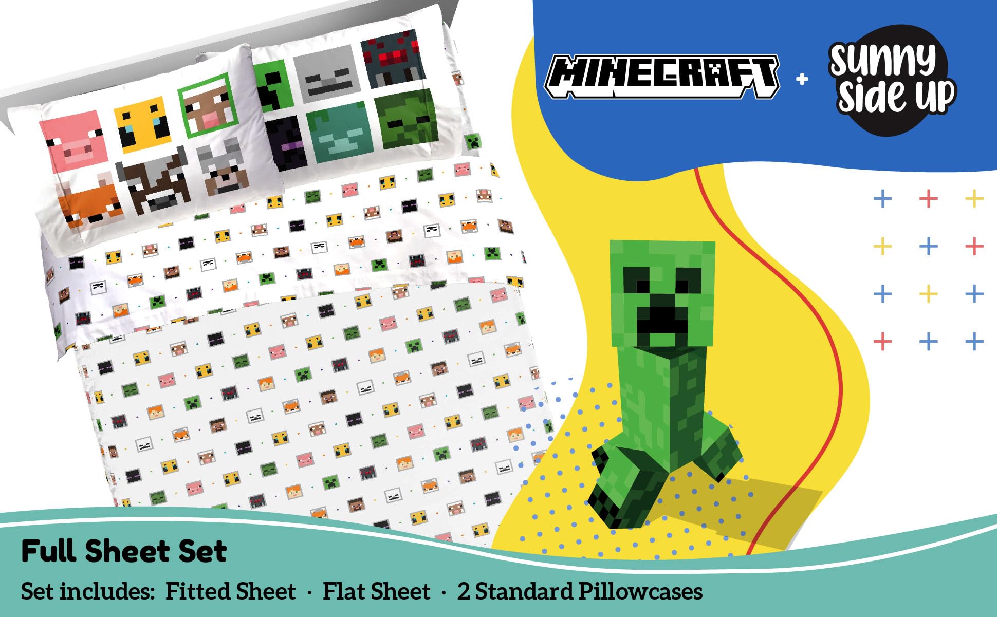 Sunny Side Up Minecraft Creeper & Animals Twin Sheet Set - 3 Piece Kids Bedding Set Includes Pillow Cover - Super Soft Microfiber Sheets