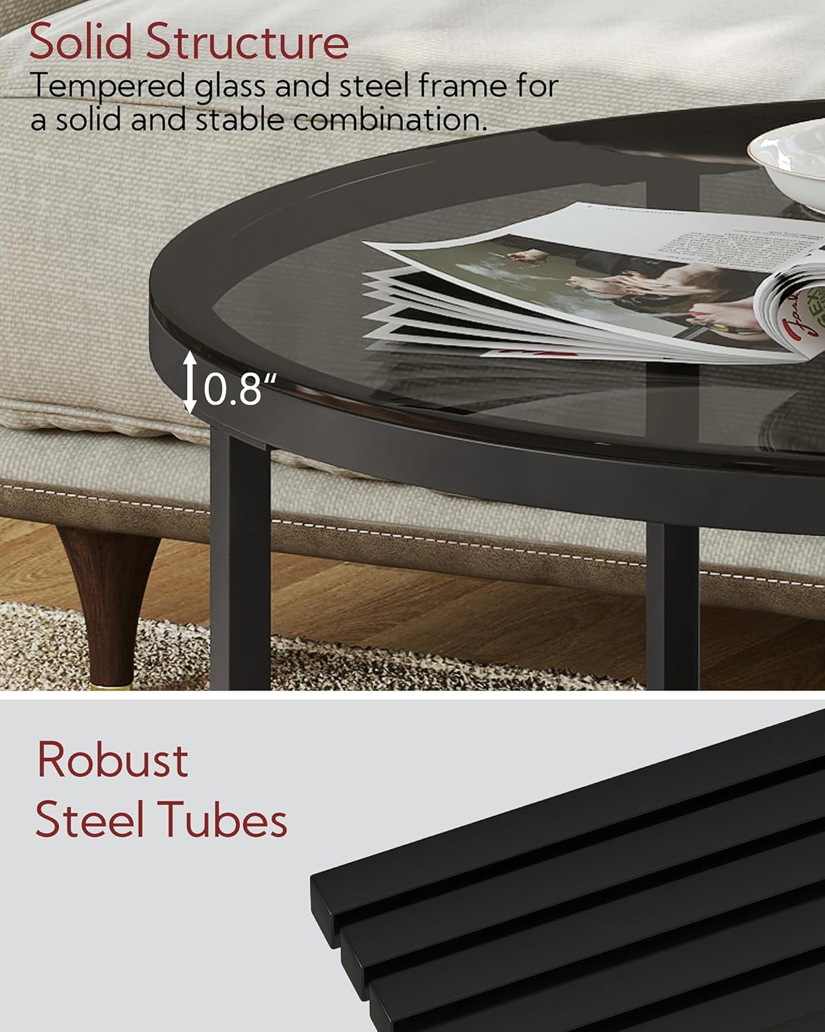 Yusong Round Glass Coffee Tables for Living Room, 2-Tier Circle Coffee Table with Storage, 26" Modern Center Accent Table with Light Black Glass, Small End Table for Small Space, Bedroom