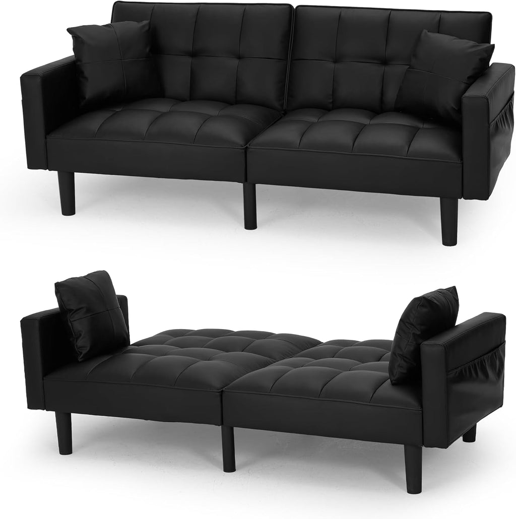 ECOTOUGE Faux Leather Futon Couch, Convertible Sofa Bed with Adjustable Back, Modern Sleeper Sofa for Living Room, Black