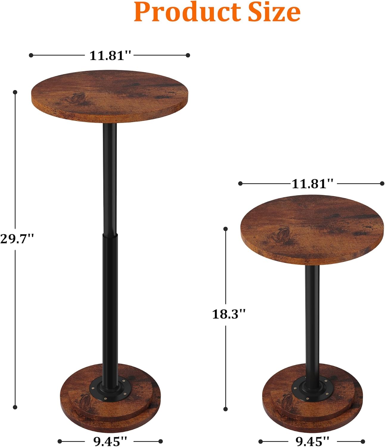 2Pack Drink Table, Small Side Table with Adjustable Height & Heavy-Duty Design, Pedestal Martini Tables for Small Spaces, Sofa Couch, Living Room, Bedroom, Supports up to 88 lbs, Rustic Brown