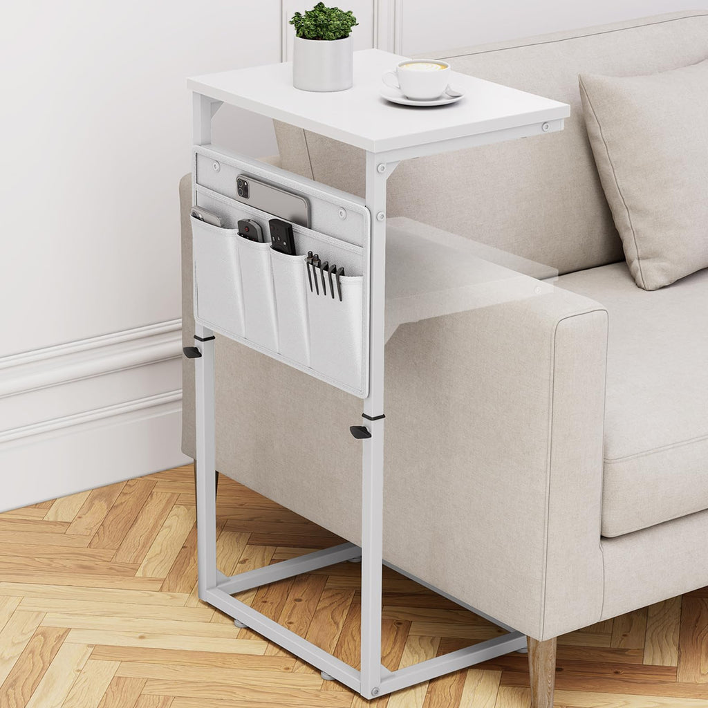 Vagusicc C Shaped End Table, 33'' Tall Side Table for Couch, Adjustable Height Small Couch Side Table for Small Spaces, End Table Slide Under Sofa Table TV Tray Table Arm Table for Living Room, Brown