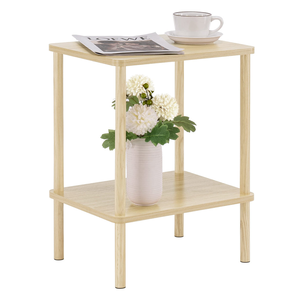 Apicizon 2 Tier End Table, Small Side Table with Solid Wood Legs, Boho Bedside Table with Storage Shelf, Nightstand for Small Spaces, Bedroom, Living Room, Entryway, Farmhouse, Easy Assembly, Natural