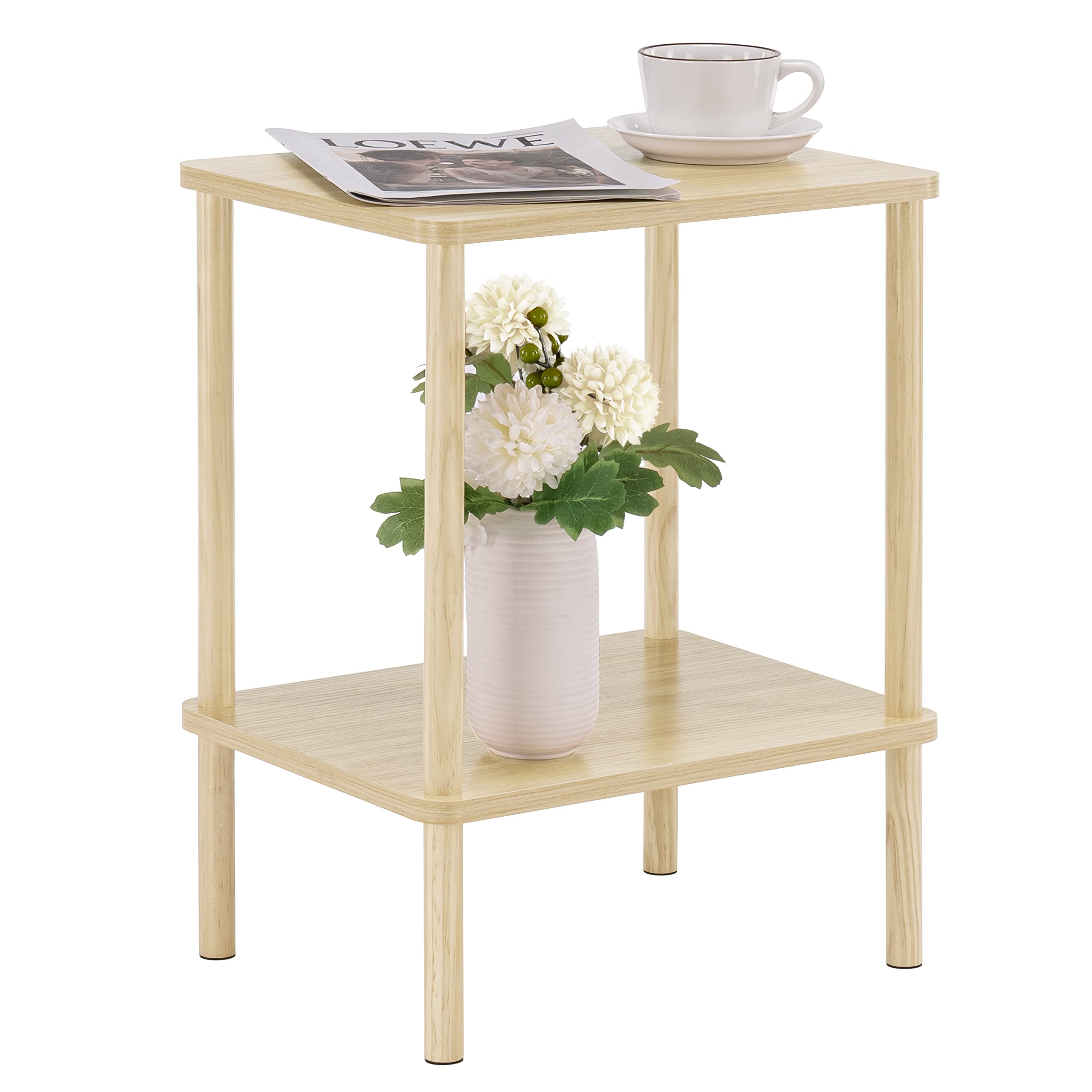 Apicizon 2 Tier End Table, Small Side Table with Solid Wood Legs, Boho Bedside Table with Storage Shelf, Nightstand for Small Spaces, Bedroom, Living Room, Entryway, Farmhouse, Easy Assembly, Natural