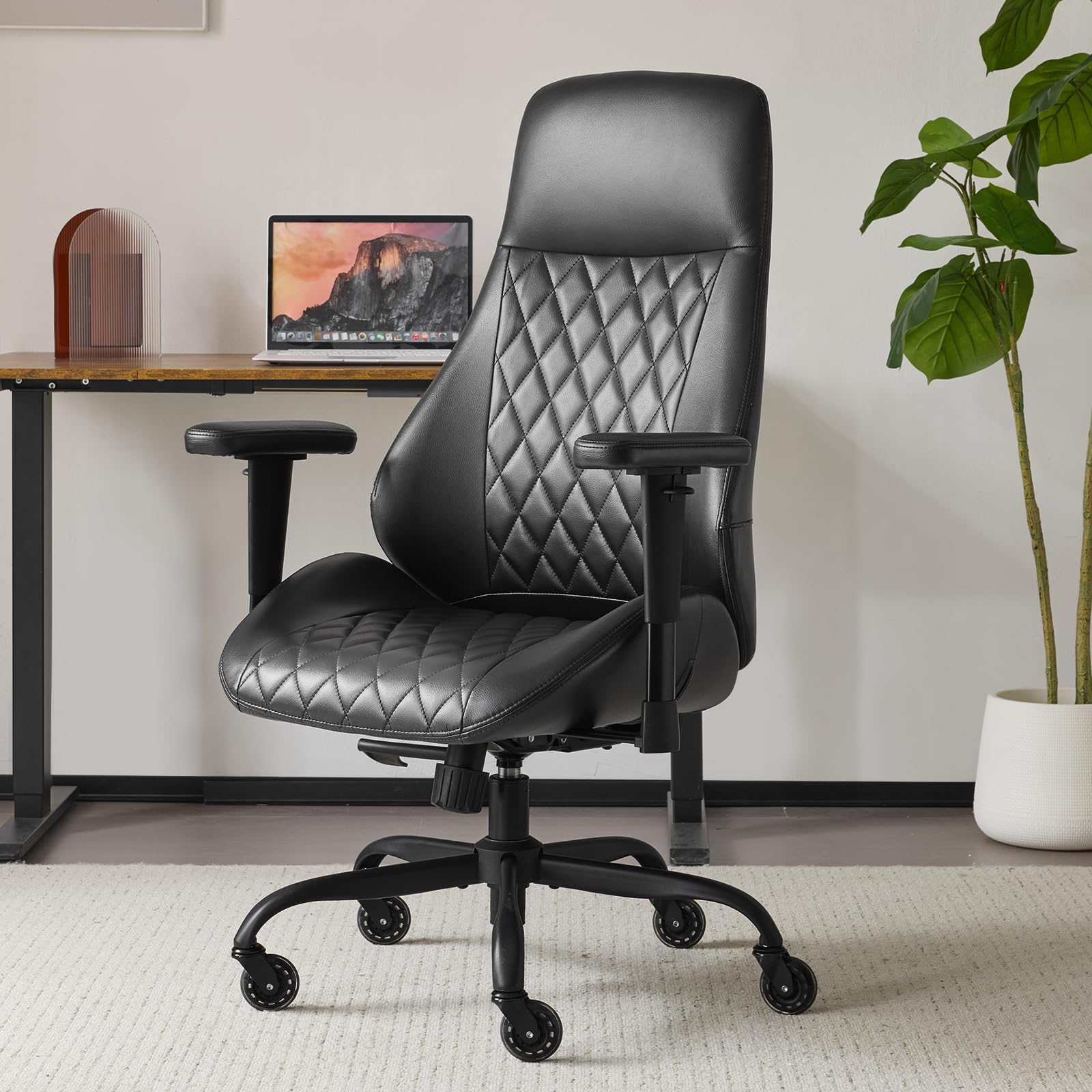 YFO Home Office Desk Chair Office Rubber Casters Ergonomic Computer Chair with Lumbar Support Adjustable Height Rolling Swivel Executive Task Armrests Chair， Brown Leather