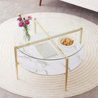 Round Coffee Table, Mid-Century Modern Design, D30 x H17, for Living Room, 2-Tier Structure, Amber Glass Top and Walnut MDF Shelf, Sleek Conical Metal Legs with Gold Finish