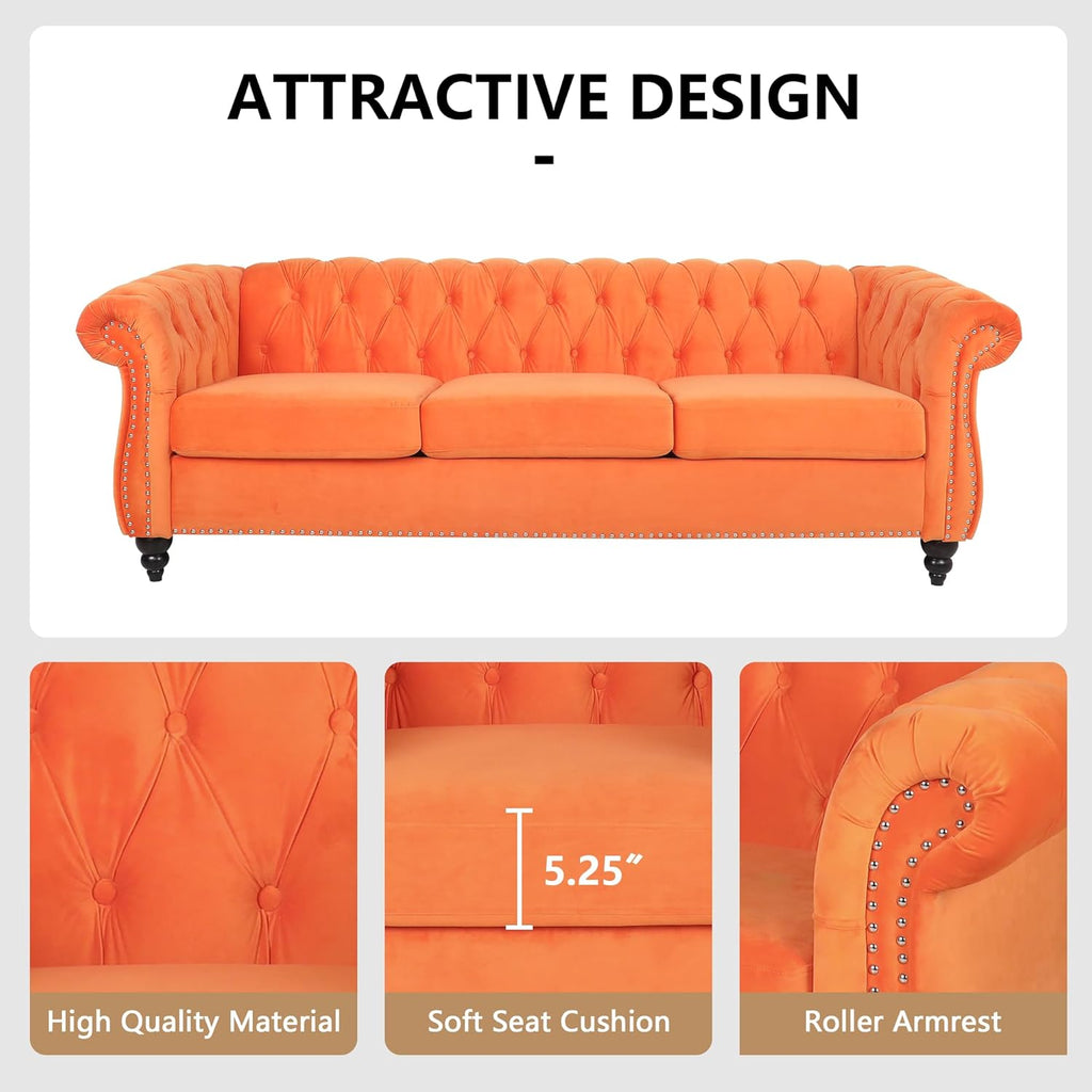 Home Sofa Living Room Furniture, 3 Seater 84" Velvet Upholstered Couch, Mid Century Modern Comfy Couch with Cushions, Classic Tufted Chesterfield Couches for Bedroom, Office, Apartment (Orange)