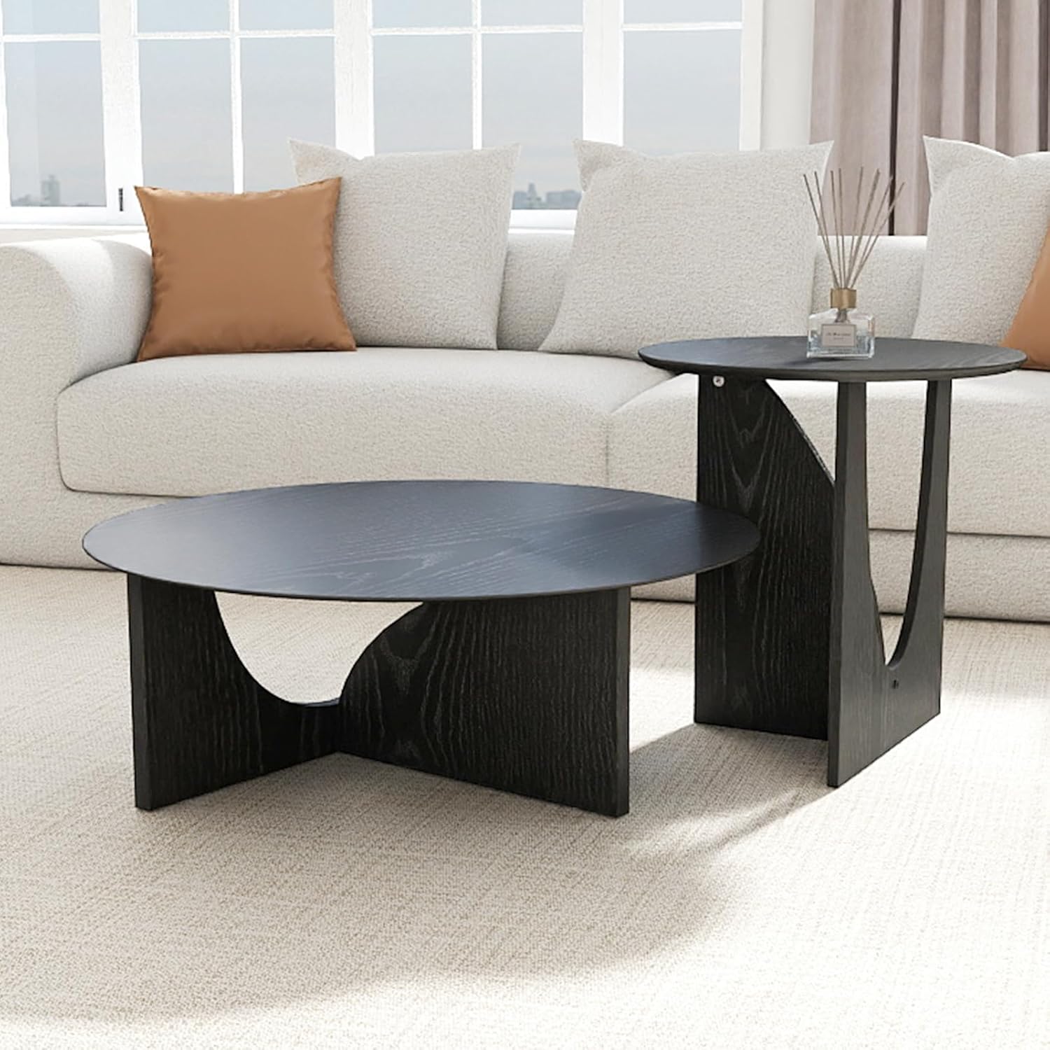 Round Black Side Table, Unique End Table and Small Coffee Table for Living Room, Balcony Room