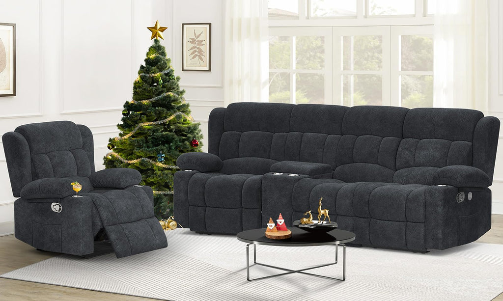 Loveseat Recliner Sofa, Flip Middle Backrest Design PU Leather 3 Seat Reclining Sofa with Storage Drawer, Manual Couch for Living Room/RV (Black, PU)