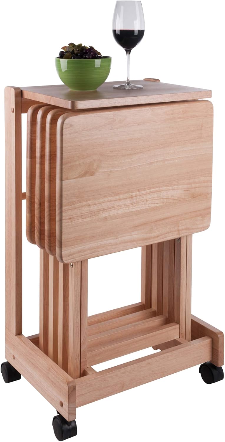 Winsome Brienda Snack Table Set with Mobile Serving Cart, for Living Room, Patio, 32", Natural, Set of 4 Tables