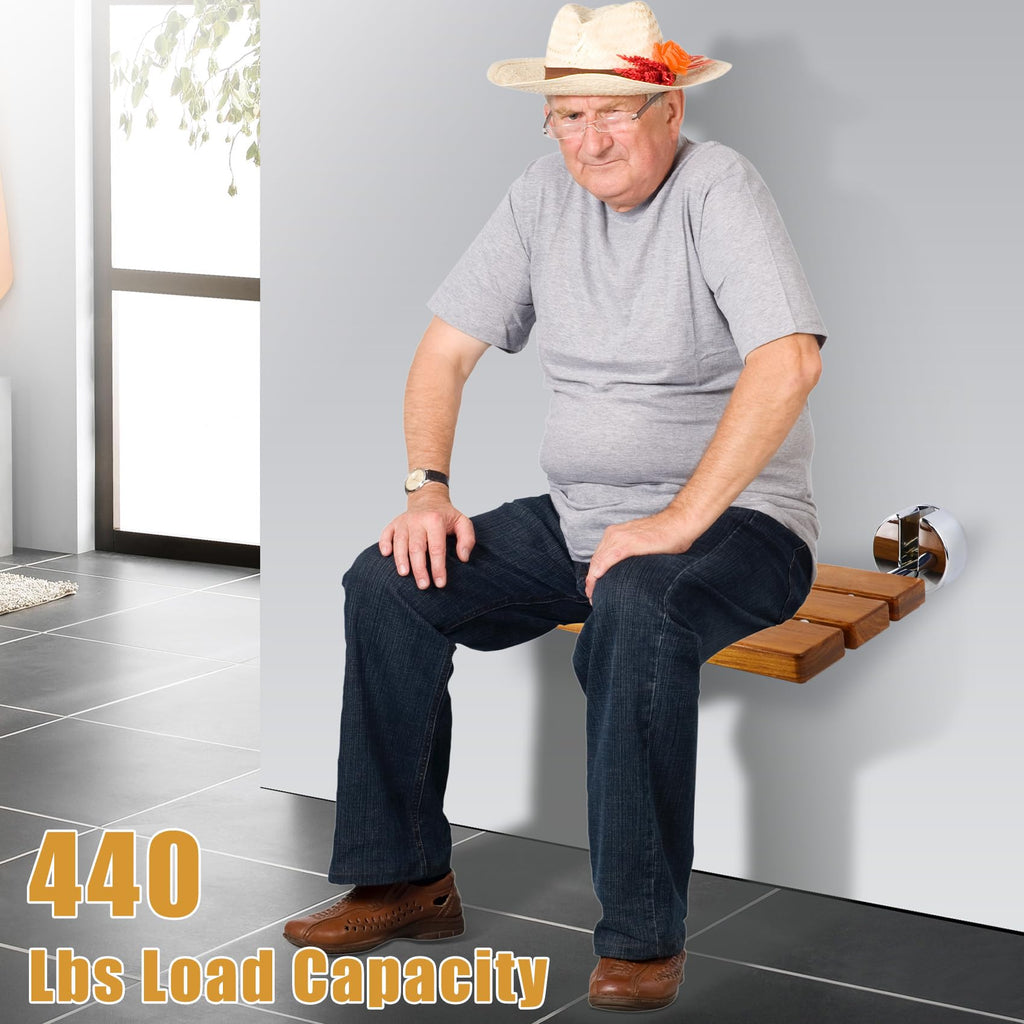 20" Teak Folding Shower Seat Wall Mounted,Fold Down Shower Bench for Small Shower Space, Home Care Teak Wood Stool for Inside Shower,Pregnants-Maximum Load 440lb[European Teak]