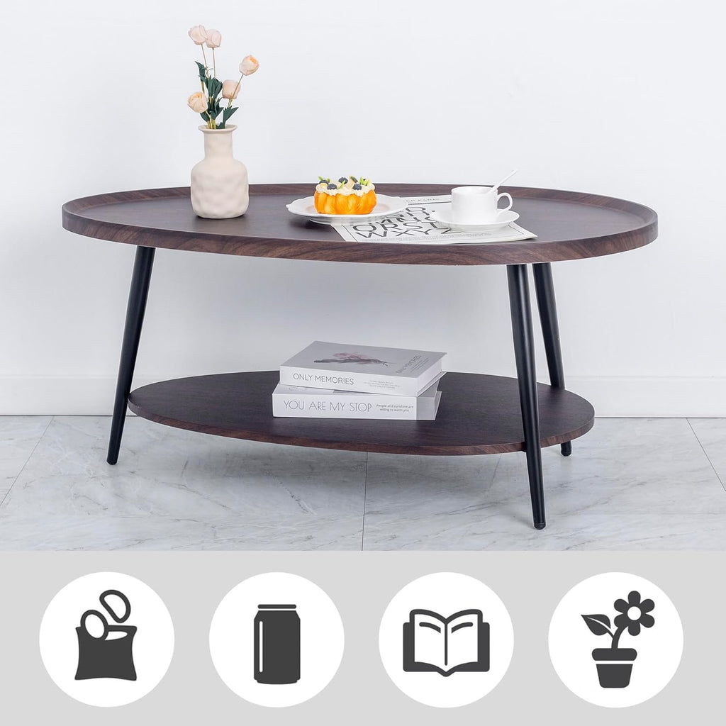 Oval Coffee Table, 2-Tier Coffee Table with Open Storage Shelf, 40" Modern Wood Center Table Tea Table for Living Room, Bedroom, Apartment, Dark Walnut