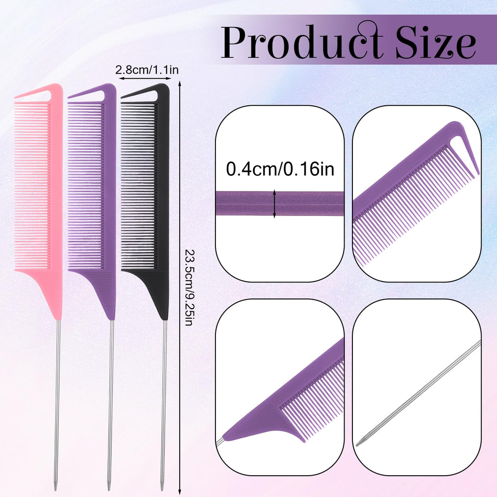Uiifan 90 Pcs Hair Rat Tail Combs Metal Long Steel Pin Parting Comb Carbon Fiber Teasing Detangling Fine Tooth Comb for Braids Women Men Salon Hair Stylist, Black, Purple and Pink