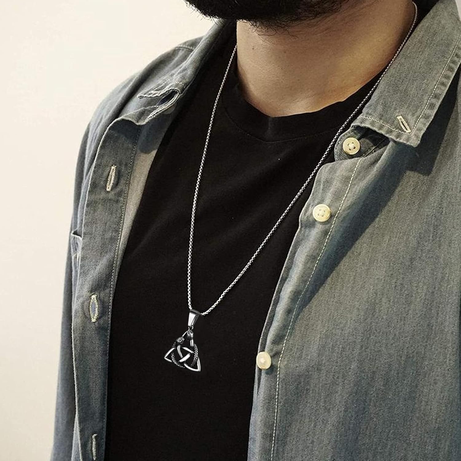 Celtic Knot Necklace Viking Pendant - Celtic Norse Triple Odin Horns Crescent Moon of Oden Horn Necklace Mens 316L Stainless Steel Triskelion Amulet Pewter Tribal Protection Viking Triskele Jewelry