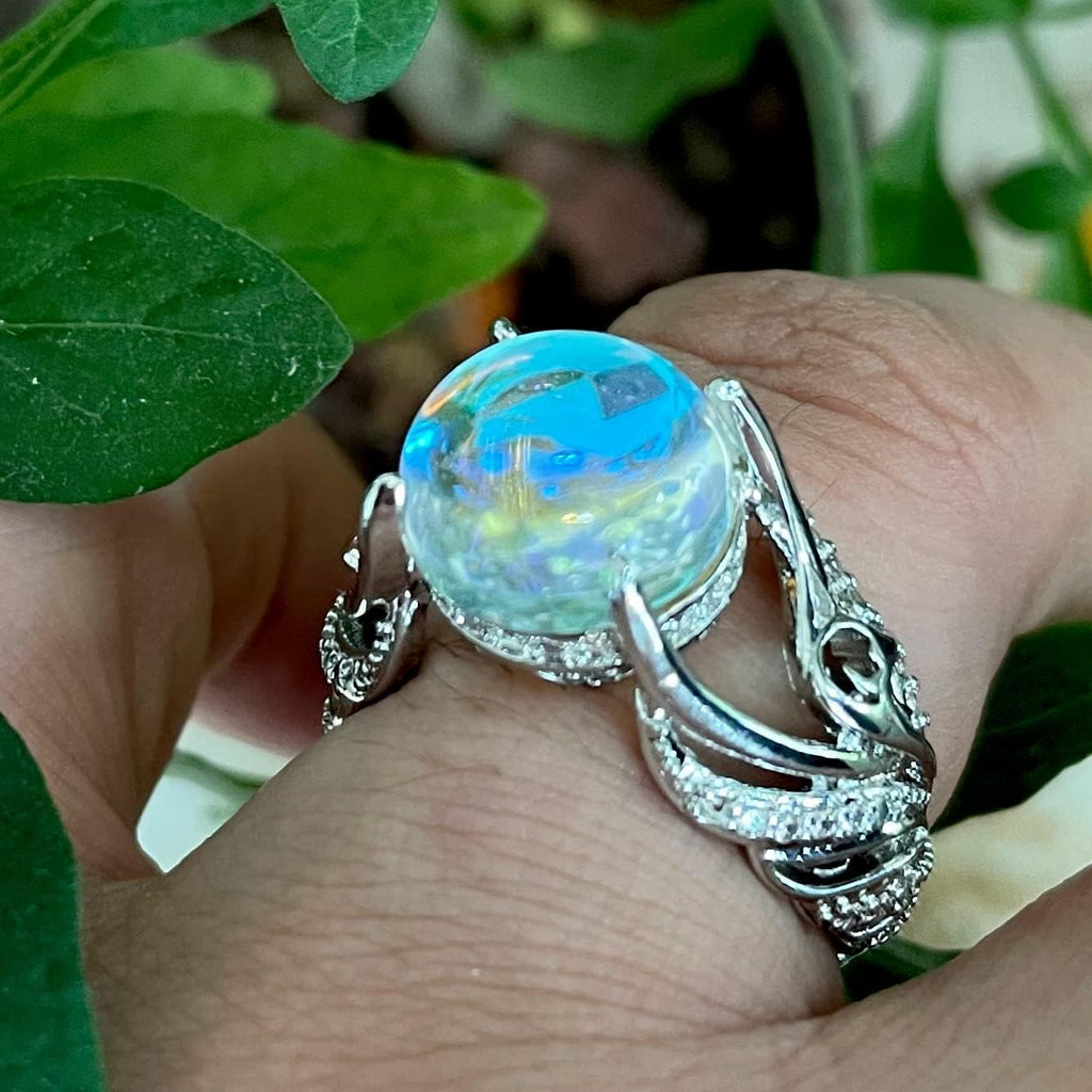 HAIXIAN Feather Leaf Moonstone Ring,S925 Sterling Silver Statement Angel wings Ring,Cocktail Party Ring Jewelry for Women