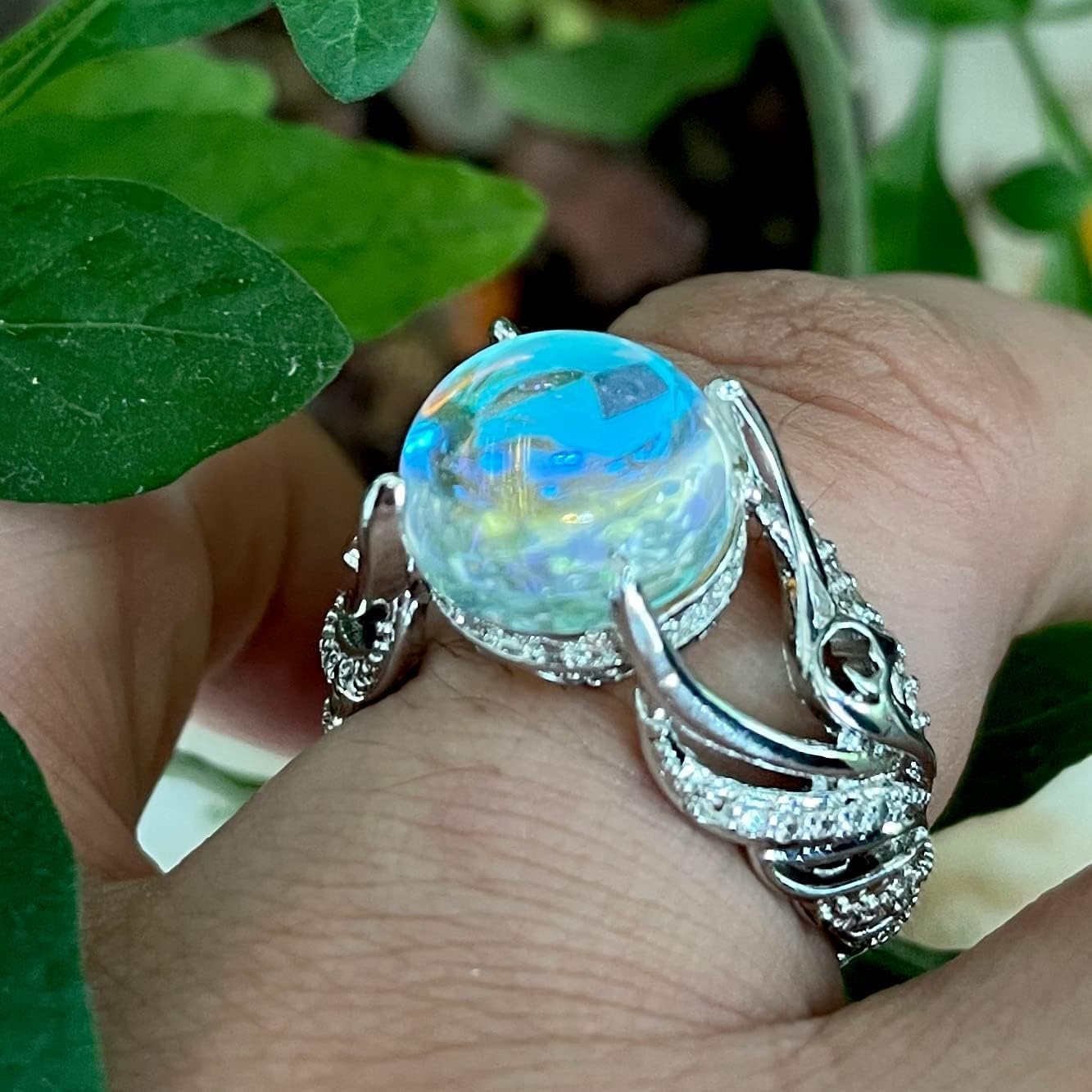 HAIXIAN Feather Leaf Moonstone Ring,S925 Sterling Silver Statement Angel wings Ring,Cocktail Party Ring Jewelry for Women